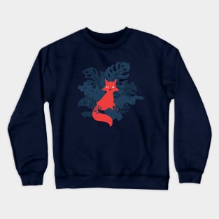 A Red Fox Exploring Amid Blue Leaves Crewneck Sweatshirt